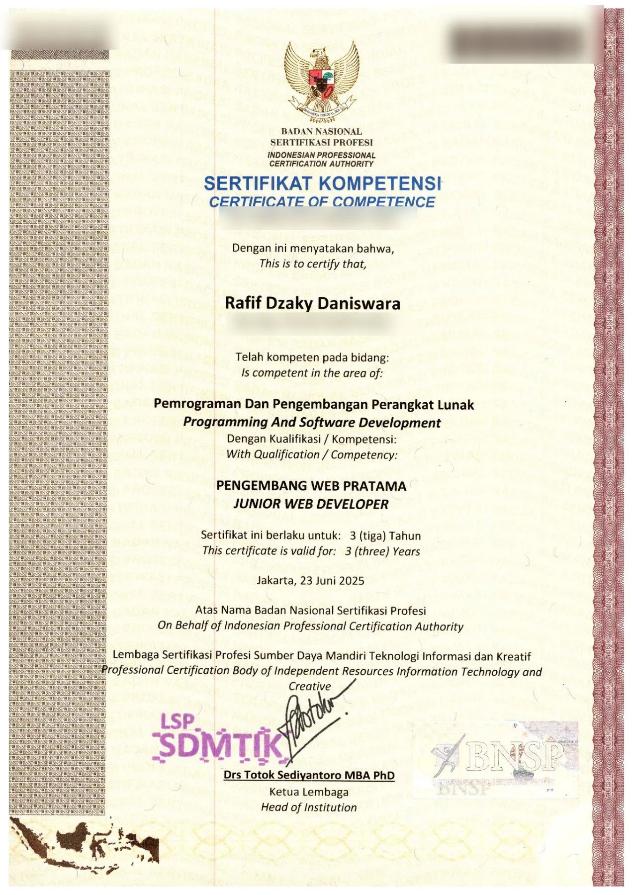 BNSP certificate of competence, Junior Web Developer, issued 23 June 2025 to Rafif Dzaky Daniswara. Certificate numbers blurred.
