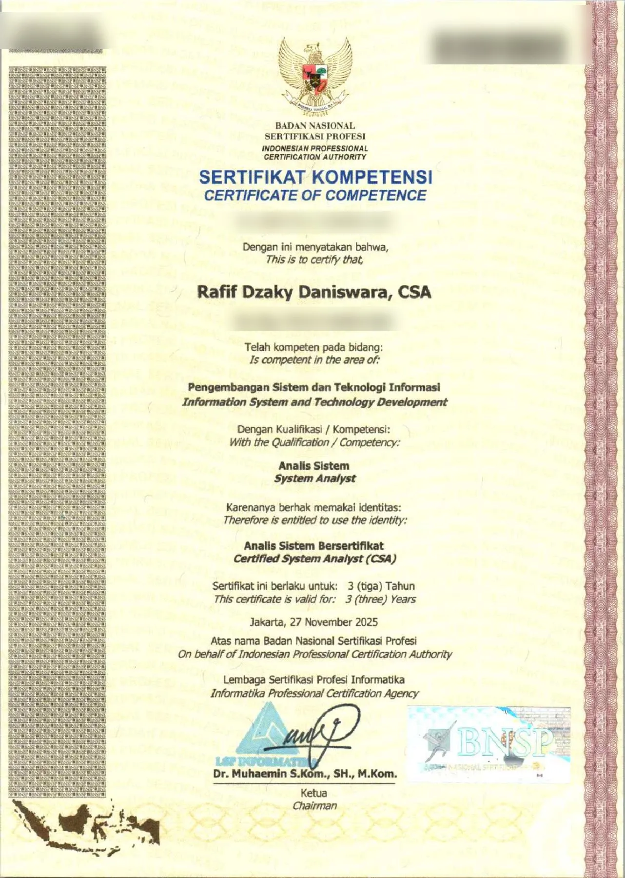 BNSP certificate of competence, System Analyst, issued 27 November 2025 to Rafif Dzaky Daniswara. Certificate numbers blurred.