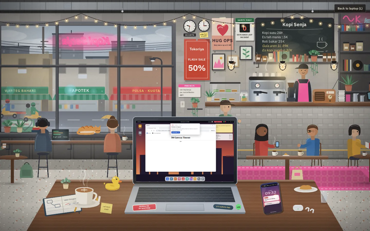 Pit Wall On-Call: the café in Jakarta where a shift starts, a laptop showing a 504 page and a phone with the page