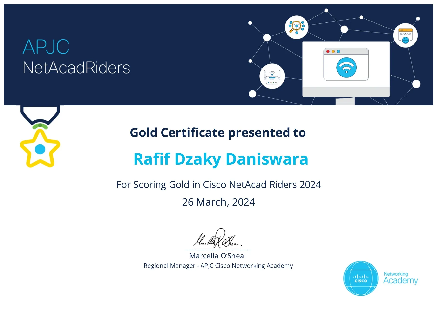 Cisco Networking Academy APJC NetAcadRiders Gold Certificate presented to Rafif Dzaky Daniswara for scoring gold in NetAcad Riders 2024, 26 March 2024.