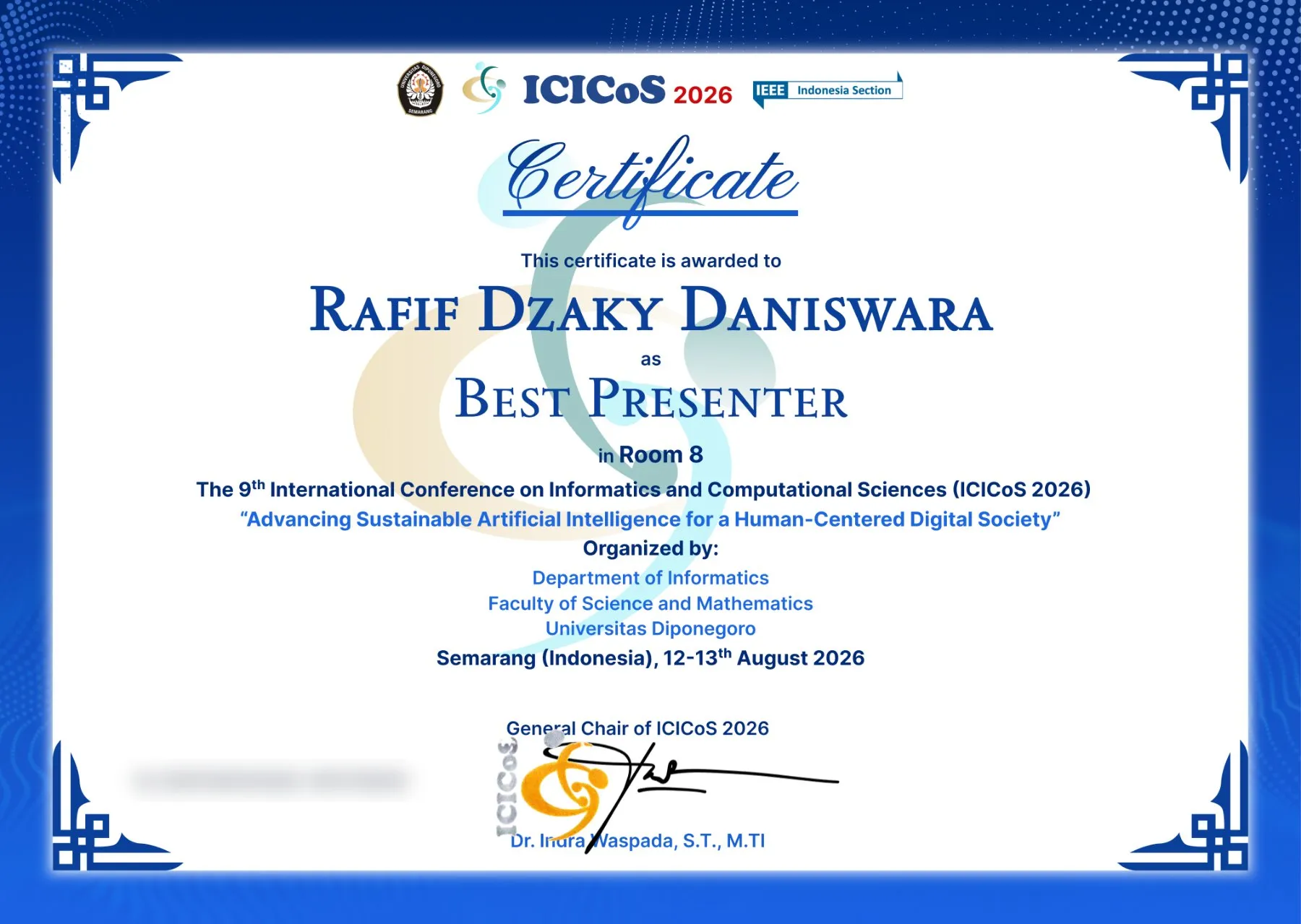ICICoS 2026 certificate awarding Rafif Dzaky Daniswara Best Presenter in Room 8, Semarang, 12–13 August 2026. Certificate number blurred.