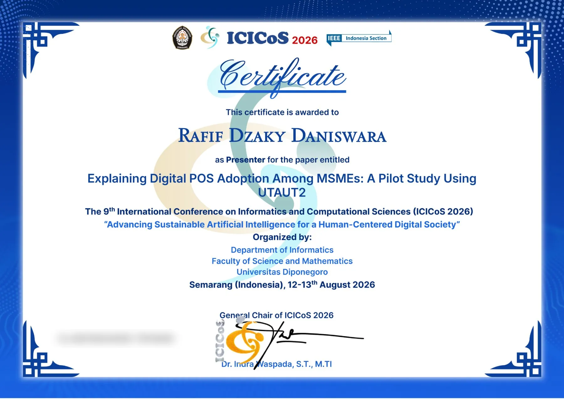 ICICoS 2026 presenter certificate for the paper "Explaining Digital POS Adoption Among MSMEs: A Pilot Study Using UTAUT2". Certificate number blurred.
